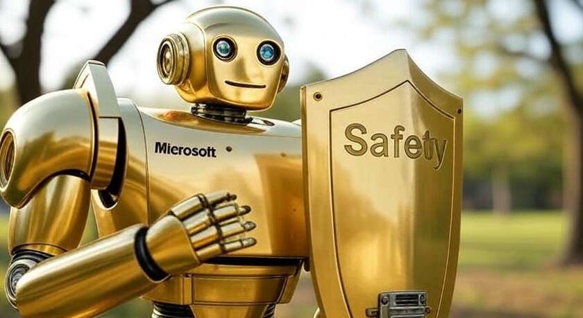 Золотой робот с надписью "Microsoft" на груди и щитом, на котором написано "Safety", на фоне парка с деревьями.