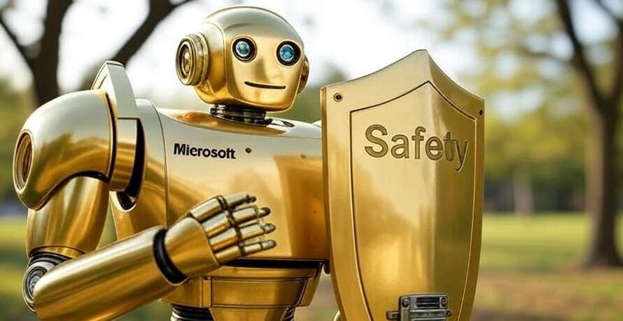 Золотой робот с надписью "Microsoft" на груди и щитом, на котором написано "Safety", на фоне парка с деревьями.