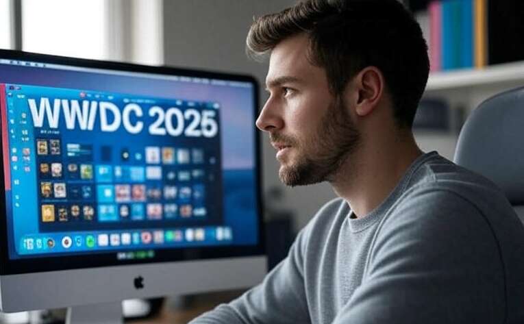 Разработчик в очках сидит за столом с большим экраном iMac, на котором отображается текст "WWDC 2025", рядом чашка кофе.
