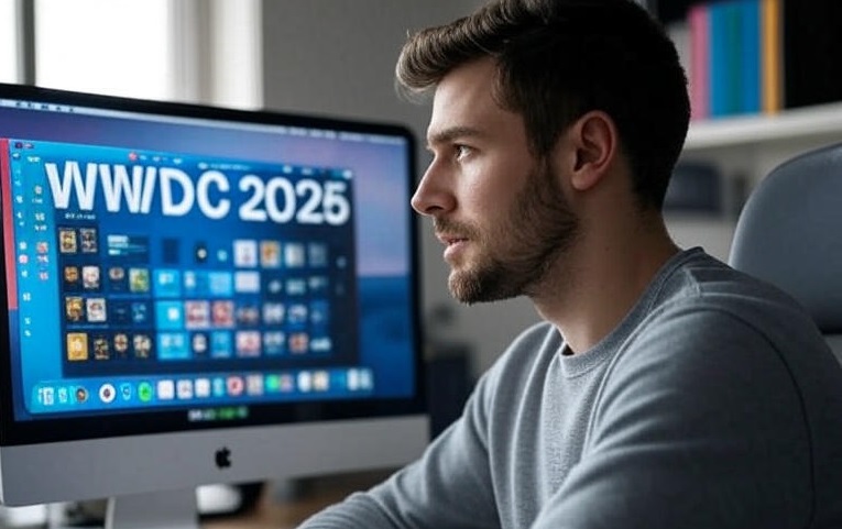 Разработчик в очках сидит за столом с большим экраном iMac, на котором отображается текст "WWDC 2025", рядом чашка кофе.