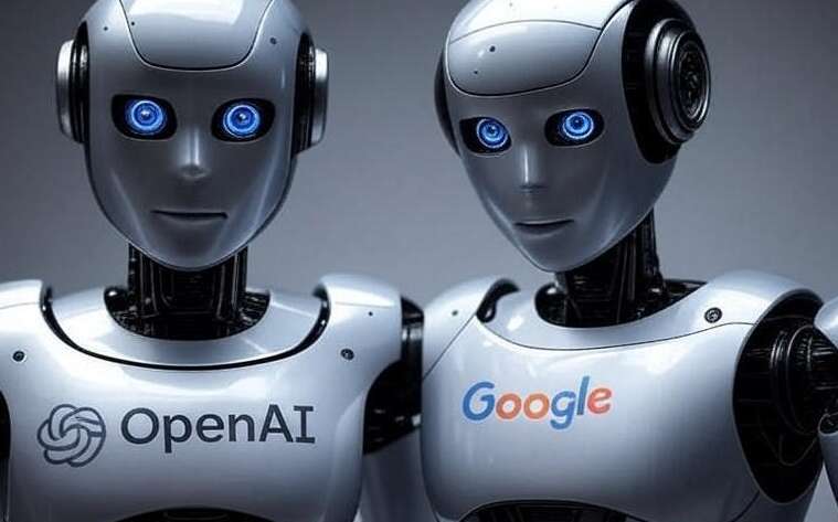 Two robots fused at the chest, one labeled OpenAI and the other Google.