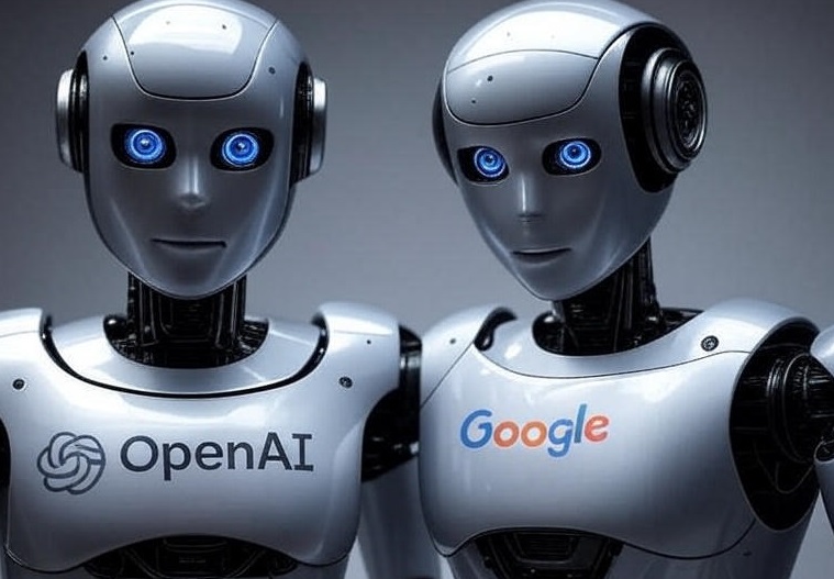 Two robots fused at the chest, one labeled OpenAI and the other Google.