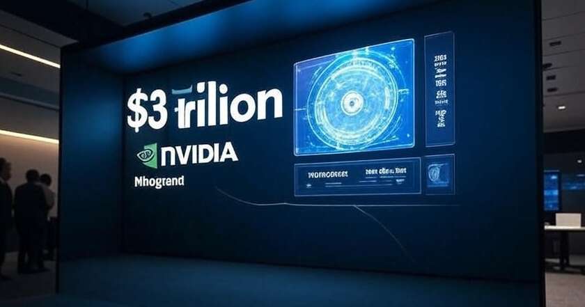 Голографическая карта NVIDIA с надписью "$3 триллиона" на экране сзади, демонстрация технологий в современном помещении.