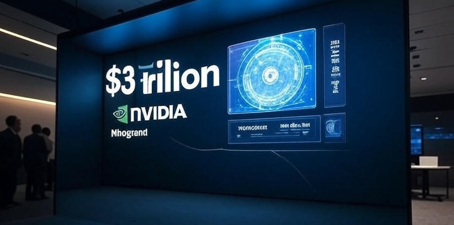 Голографическая карта NVIDIA с надписью "$3 триллиона" на экране сзади, демонстрация технологий в современном помещении.
