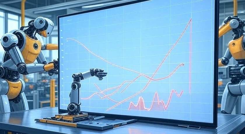 Экран в цеху, где роботы собирают машины, с графиком красной линией, показывающим рост производства.