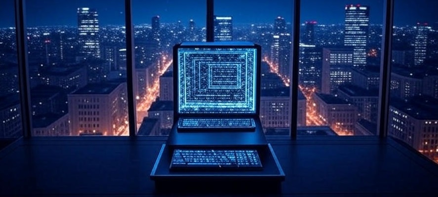 Футуристический вид на город ночью, который администрируется с одного ПК с голографическим экраном, излучающим голубой свет.
