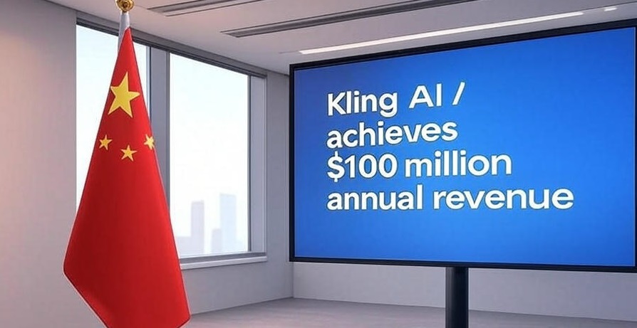 Китайский флаг и большой экран в помещении с надписью 'Kling AI достигает $100 миллионов годового дохода