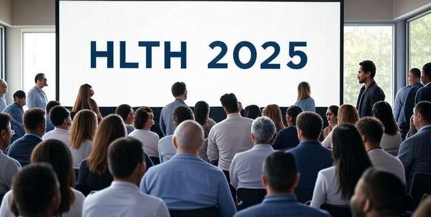 Сцена с большим экраном, на котором написано HLTH 2025, и аудитория людей, сидящих и смотрящих на экран.