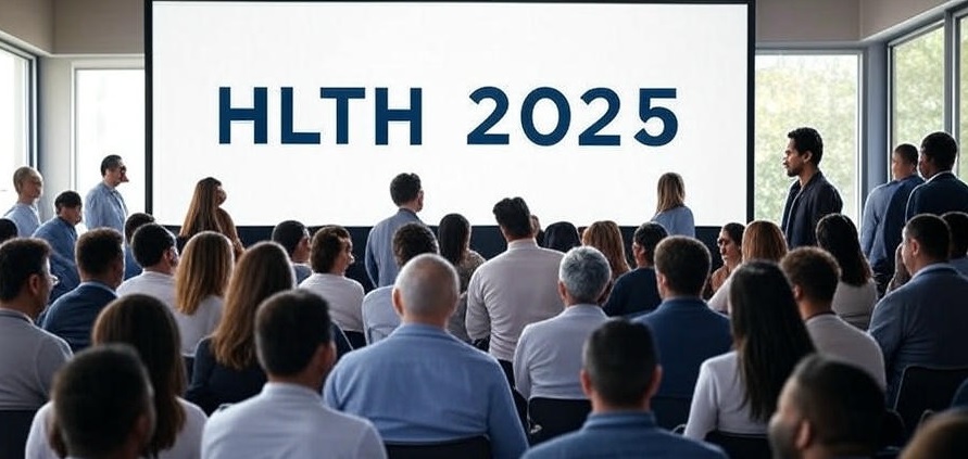 Сцена с большим экраном, на котором написано HLTH 2025, и аудитория людей, сидящих и смотрящих на экран.
