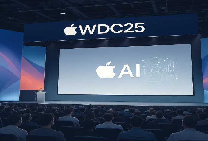Зал конференции WWDC 2025, баннер Apple и символ искусственного интеллекта на экране, часть аудитории разочарована, часть — заинтересована.