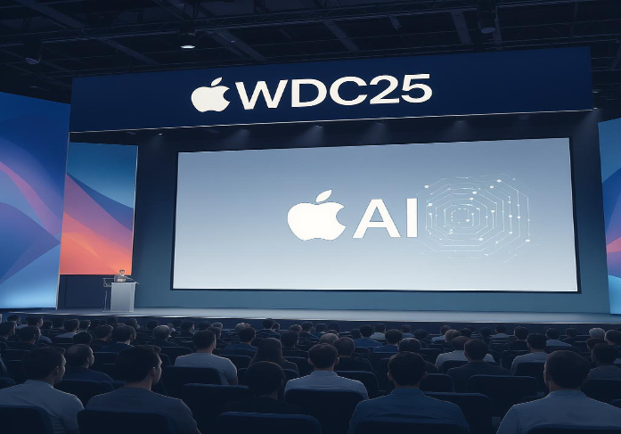 Зал конференции WWDC 2025, баннер Apple и символ искусственного интеллекта на экране, часть аудитории разочарована, часть — заинтересована.