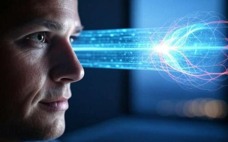 Крупный план глаза, проходящего сканирование для биометрической защиты в темной комнате.