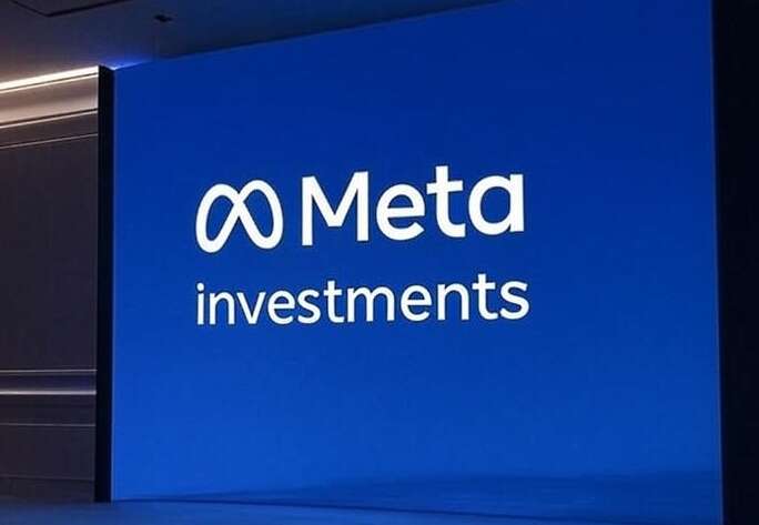 Голограмма логотипа Meta на большом экране с надписью "Meta Plans $15 Billion Investment in Scale AI" на фоне.