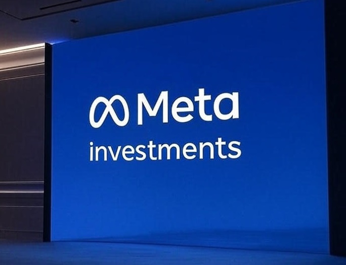 Голограмма логотипа Meta на большом экране с надписью "Meta Plans $15 Billion Investment in Scale AI" на фоне.