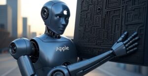 Робот с надписью Apple на груди, удерживающий большую стену, которая не упала, на фоне городского пейзажа.