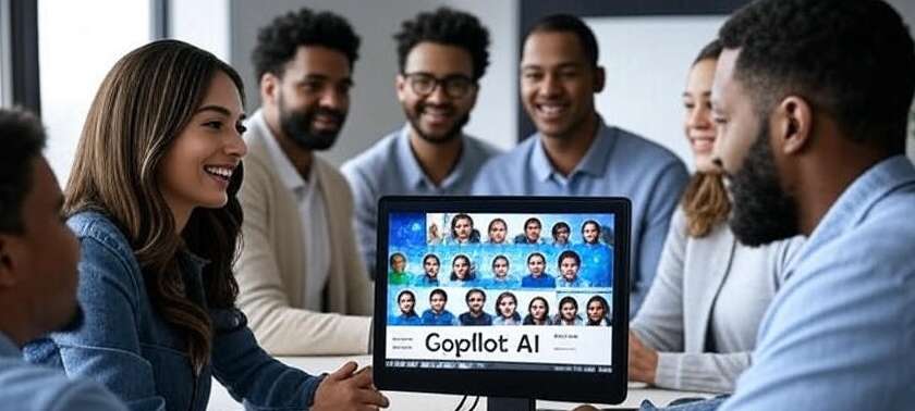 Групповой онлайн-звонок на экране с текстом Copilot AI и участниками видеоконференции