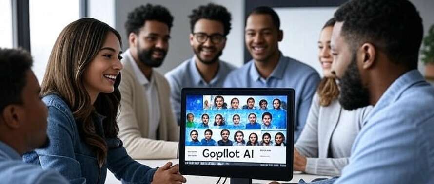 Групповой онлайн-звонок на экране с текстом Copilot AI и участниками видеоконференции