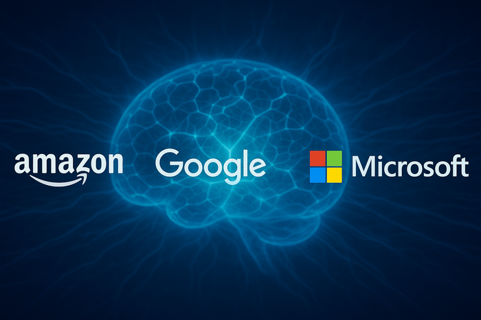 Логотипы Amazon, Google, Microsoft и Meta, равномерно расположенные на фоне синей голографической нейросети с расходящимися узловыми соединениями.