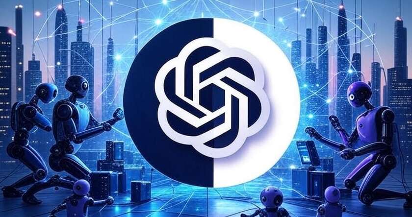 Illustration symbolizing collaboration amid competition in the AI sphere: at the center, a stylized Scale AI logo acts as a bridge between two opposing sides — OpenAI logo on the left and Meta logo on the right. Between them, a network of data and abstract silhouettes of people or robots working together, set against a futuristic cityscape hinting at AGI development, in a high-tech atmosphere with neutral colors and bright accents.