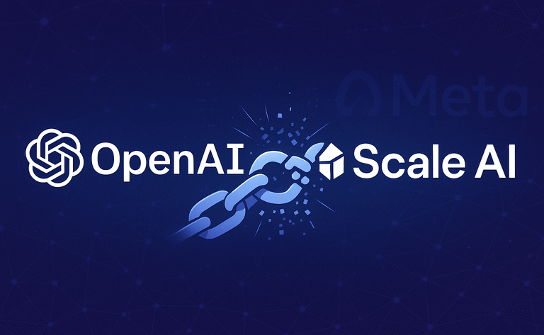 Иллюстрация, где логотипы OpenAI и Scale AI разделены ломающейся цифровой цепью на фоне абстрактной сети с намёком на «Meta».