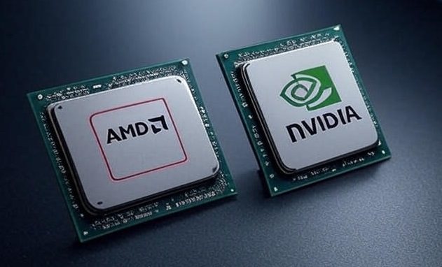 Сравнение двух видеочипов: слева AMD с красным логотипом, справа Nvidia с зелёным логотипом на тёмном фоне.