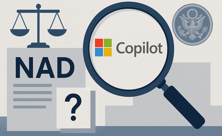 Плоская иллюстрация: лупа над логотипом Microsoft Copilot, рядом весы правосудия, печать государственного органа, надпись “NAD” и знак вопроса на документах на фоне.