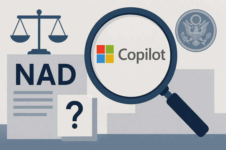 Плоская иллюстрация: лупа над логотипом Microsoft Copilot, рядом весы правосудия, печать государственного органа, надпись “NAD” и знак вопроса на документах на фоне.