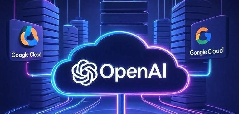 Google Cloud и CoreWeave объединяют усилия в области облачных вычислений — стилизованная инфографика с логотипами и световыми линиями.